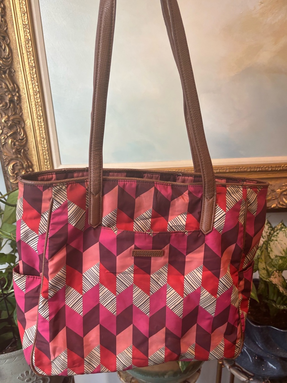 VERA BRANDLEY Pink & Magenta Geometric Tote with Brown Straps